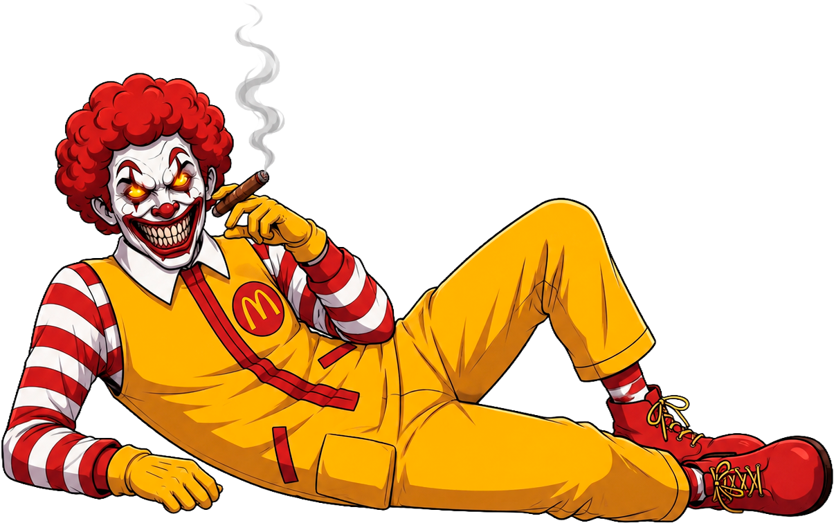Ronald McDonald, the evil degen clown, lounging with a cigar